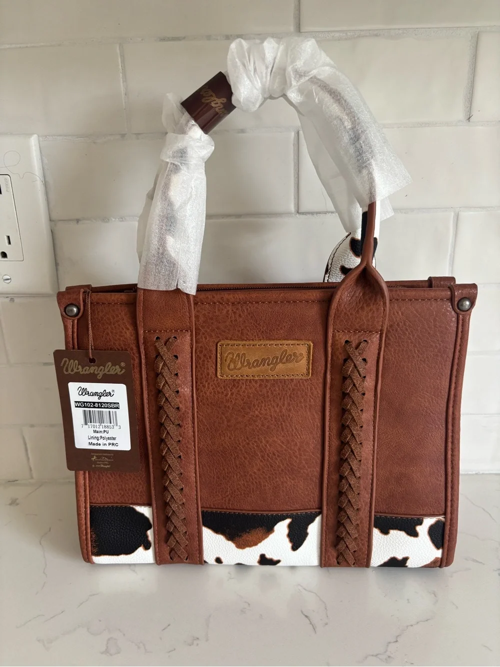 Wrangler Brown Faux-Leather Satchel with Cowhide Accent